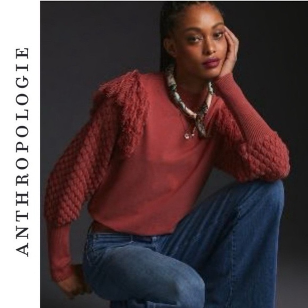 Anthropologie Womens DOLAN Fringed Sweater Bubble Quilted Sleeve Size Small